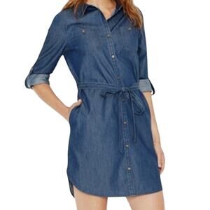 Maison Jules XS belted chambray button front shirt dress D2 2336
